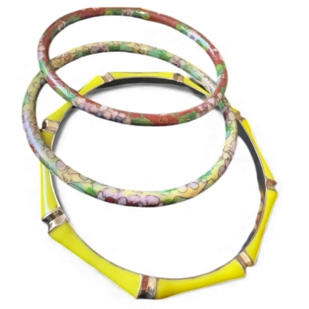 Y2K Vintage Enamel Bangle Set Colorful Cloisonné Floral Yellow Stack Bracelets